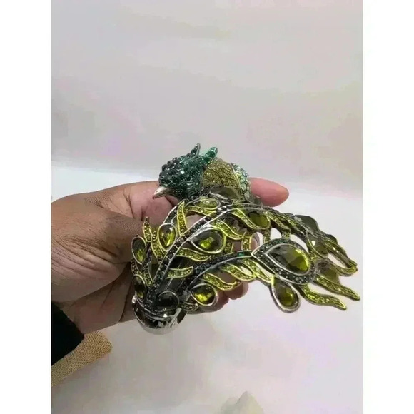 Peacock Design Rhinestone Silvertoned Clamper Cuff Bracelet Adjustable - Picture 8 of 12